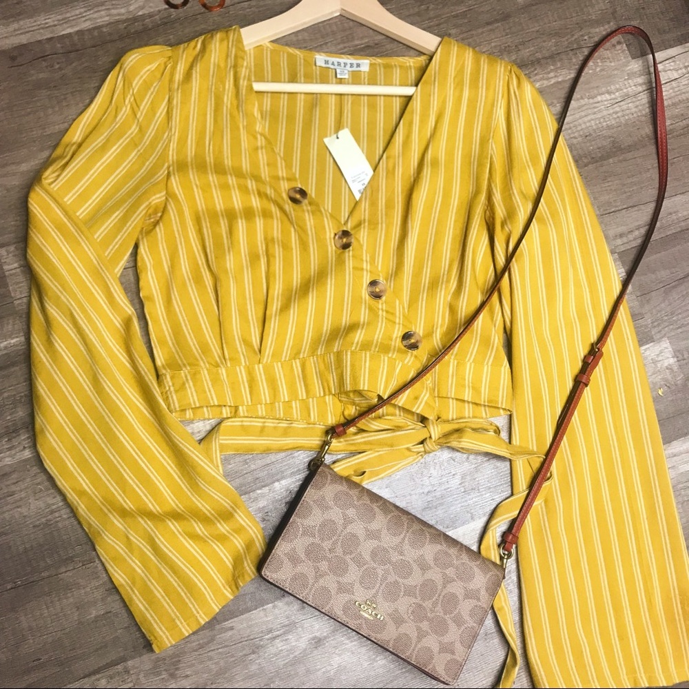 YELLOW STRIPED WRAP TOP